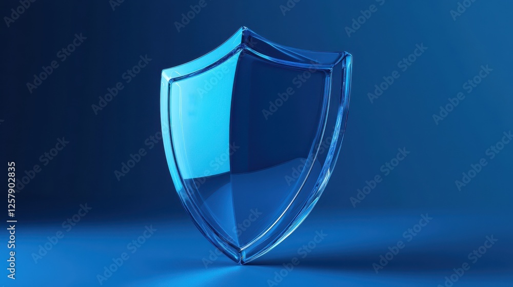 A 3D icon of a shield made of transparent blue glass, representing security, protection, and safety. Ideal for cybersecurity, insurance, or any industry focused on safeguarding assets or information.